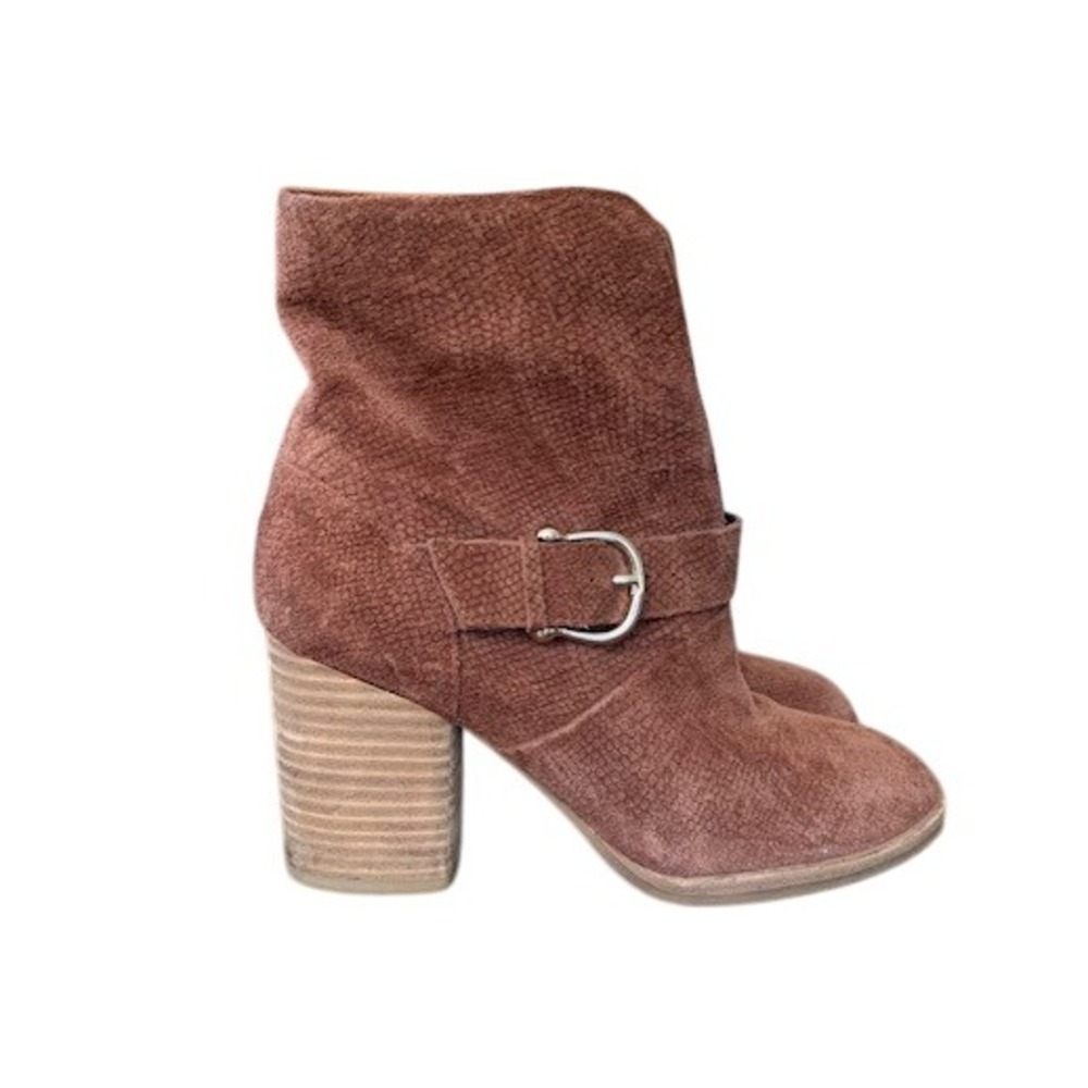 Isola Brown Suede Snake Embossed Buckle Ankle Booties Boho Festival Chic 6.5M‎
